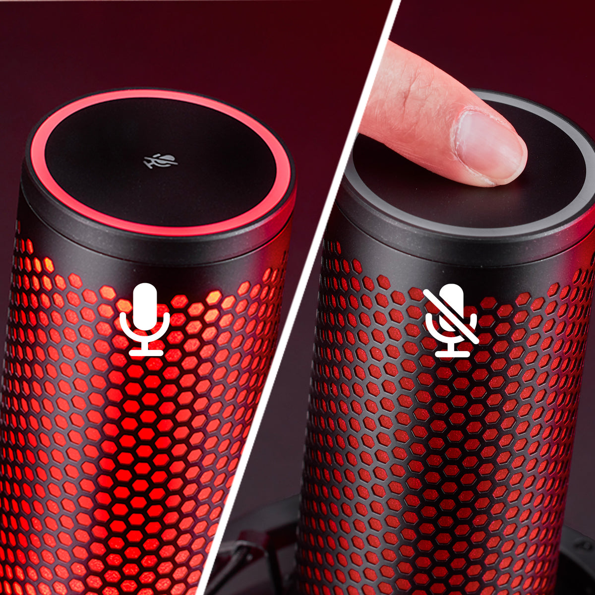 User tapping top of microphone to activate mute function