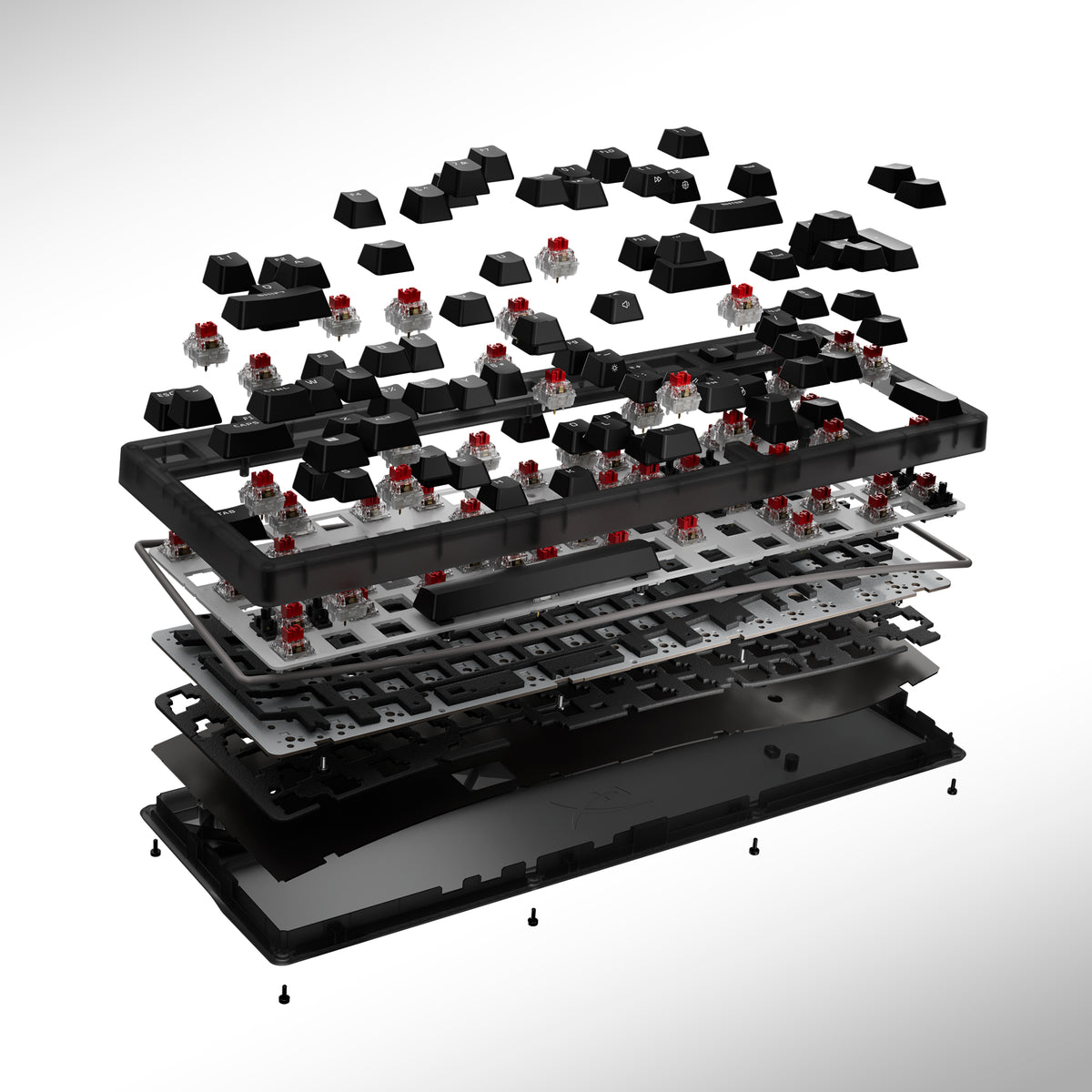 HyperX Origins 2 klavyenin keycap, switch, plaka ve housing katmanlarını gösteren açılmış görünüm