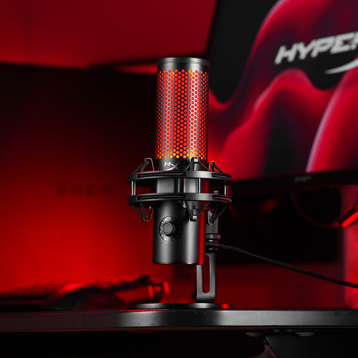 HyperX QuadCast 2 featuring signature red lighting