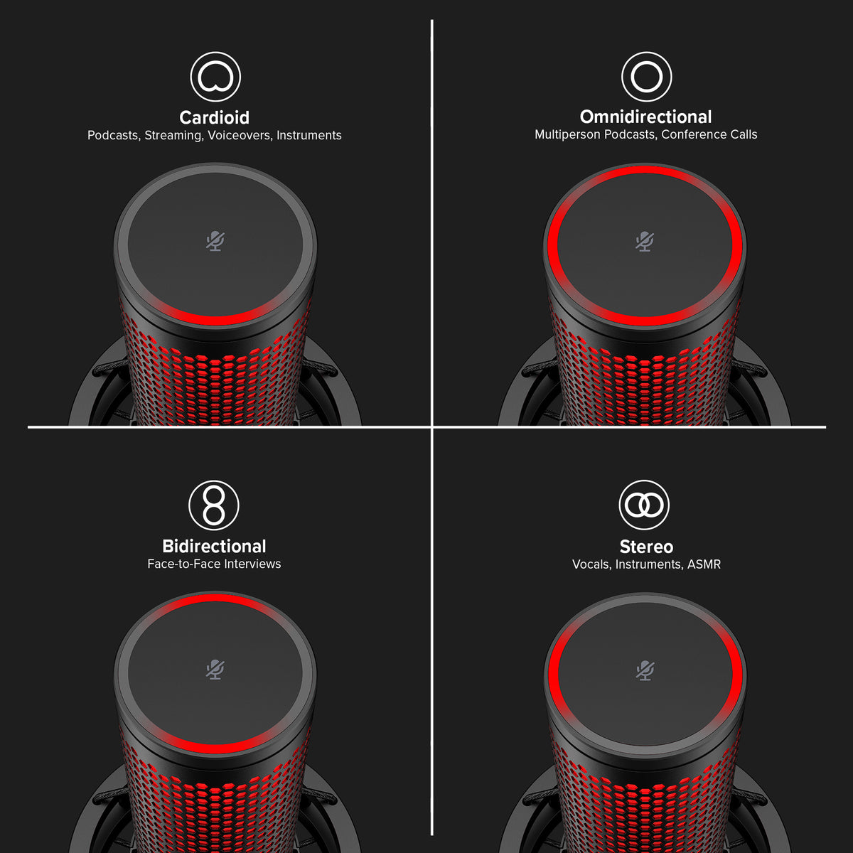 Four selectable polar pattern modes for optimized audio recording